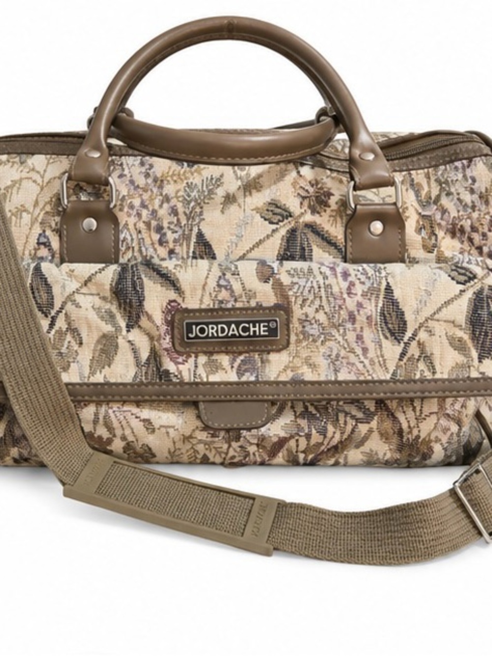 Jordache Beige Floral Tapestry Duffel with Taupe Trim